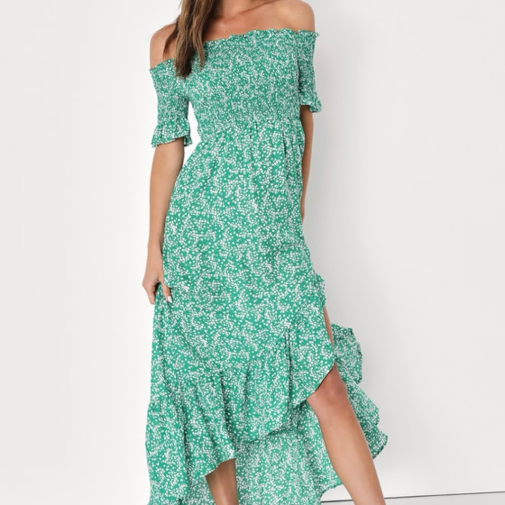 Lulu's Fleur-tation Green Floral Print Off-the-Shoulder Midi Dress